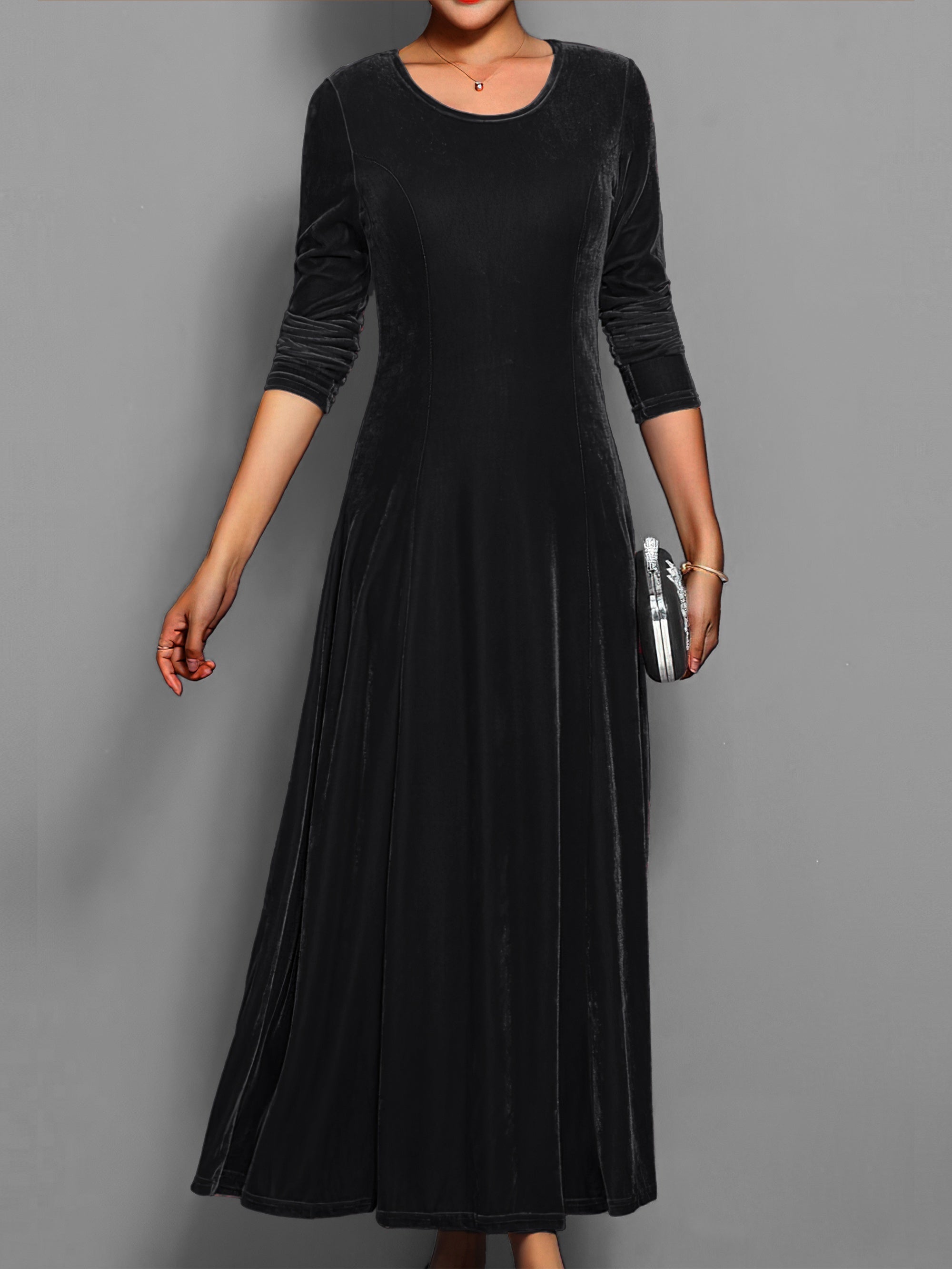 Sienna | Women’s Solid Midi Dress with Long Sleeves & Crew Neck