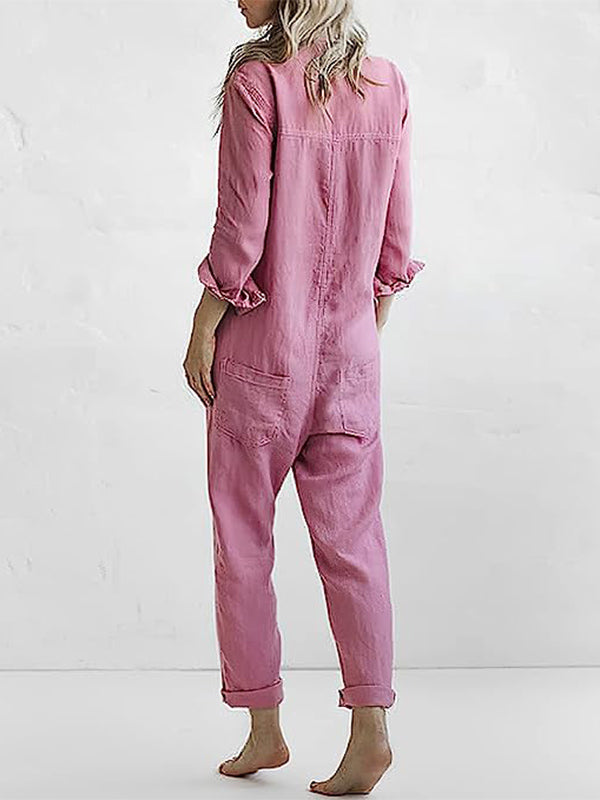 Sofia | Women’s Relaxed Fit Button-Down Jumpsuit with Roll-Tab Sleeves and Straight Leg