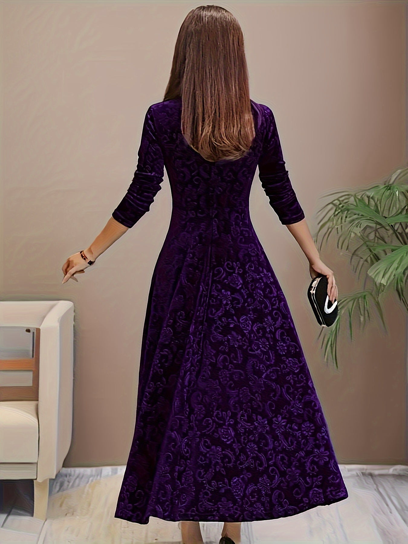 Ophelia | Women’s Floral Velvet Midi Dress with Square Neck & Elegant Long Sleeves