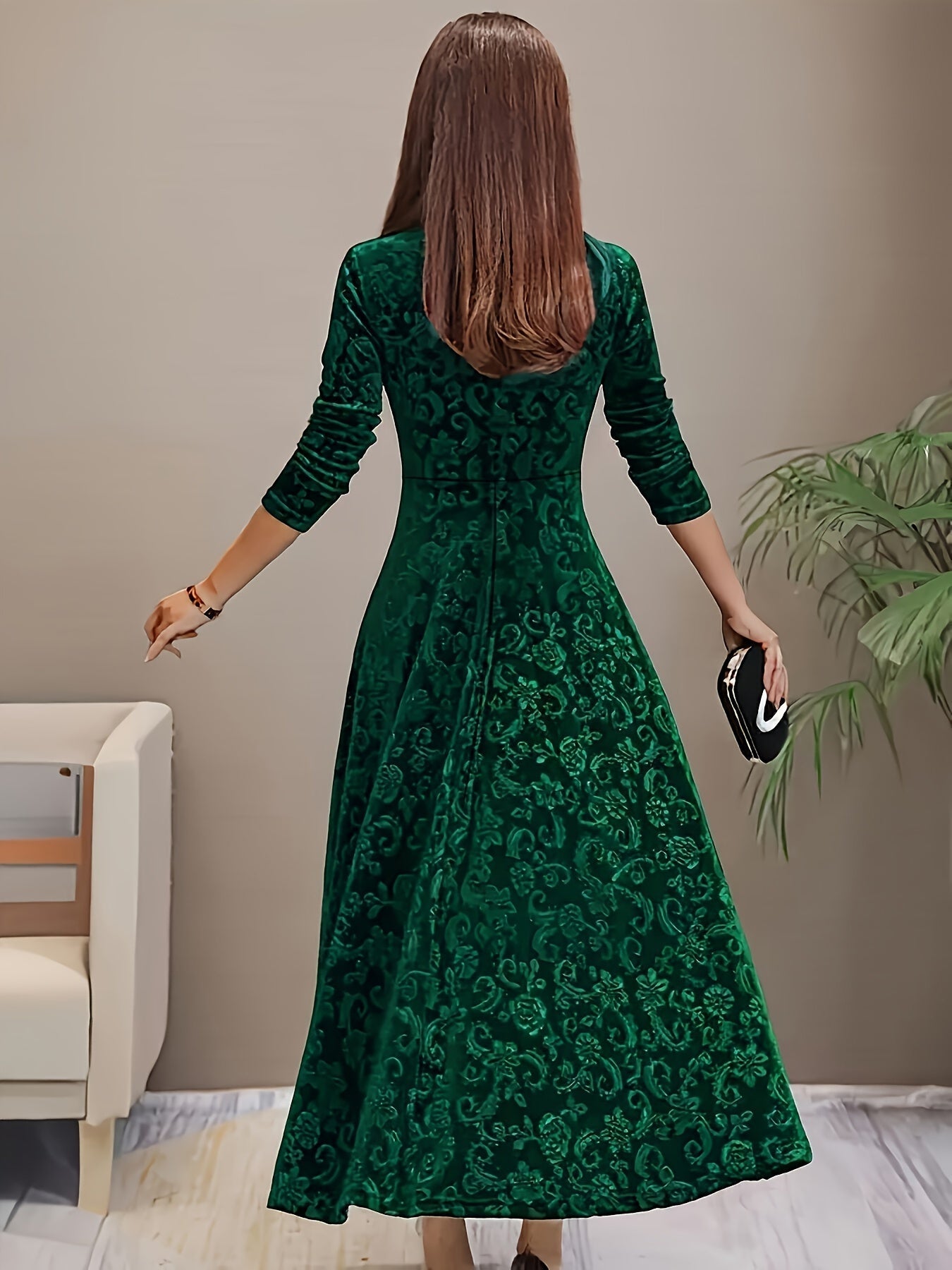 Ophelia | Women’s Floral Velvet Midi Dress with Square Neck & Elegant Long Sleeves