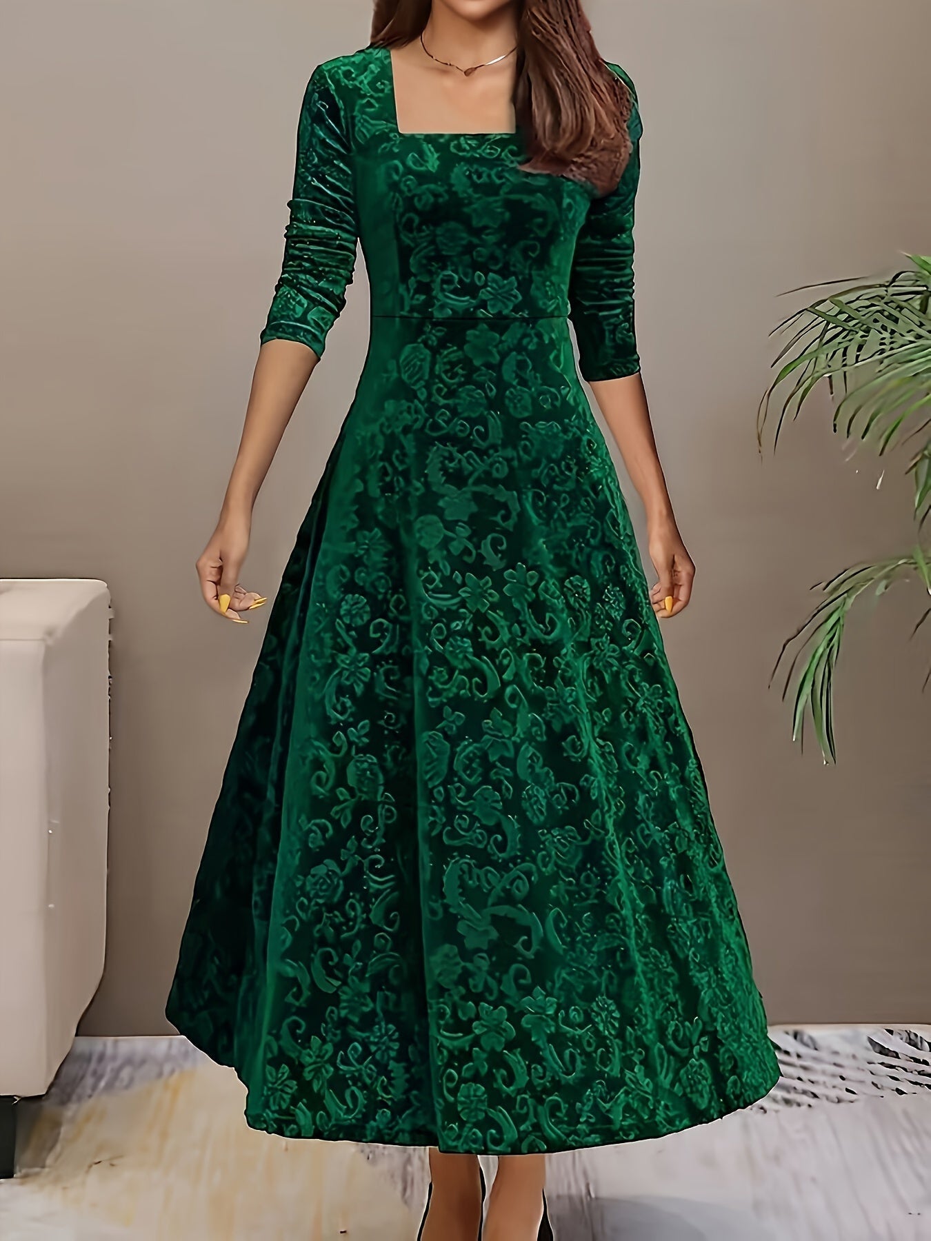 Ophelia | Women’s Floral Velvet Midi Dress with Square Neck & Elegant Long Sleeves