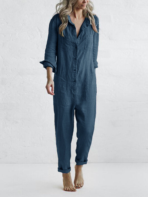 Sofia | Women’s Relaxed Fit Button-Down Jumpsuit with Roll-Tab Sleeves and Straight Leg