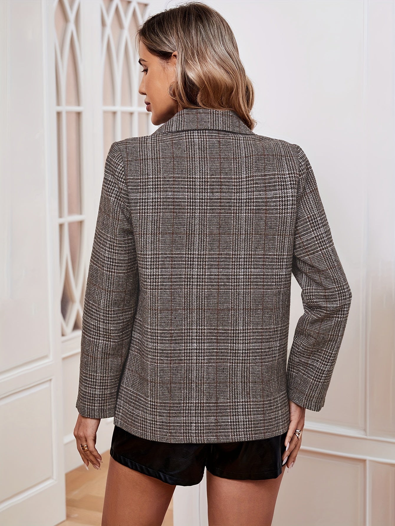 Danica | Women’s Elegant Long Business Blazer with Grid Pattern and Notched Lapel