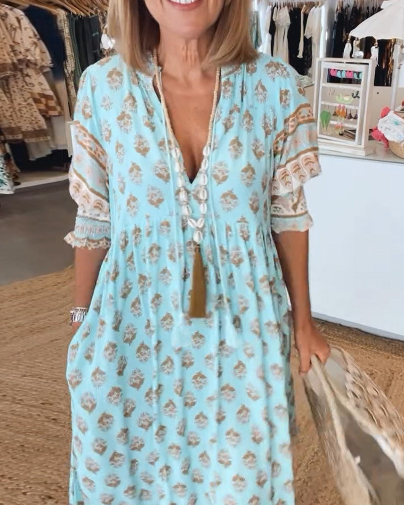 Matilda | Women’s Printed V-Neck Half-Sleeve Dress with Lightweight Comfort
