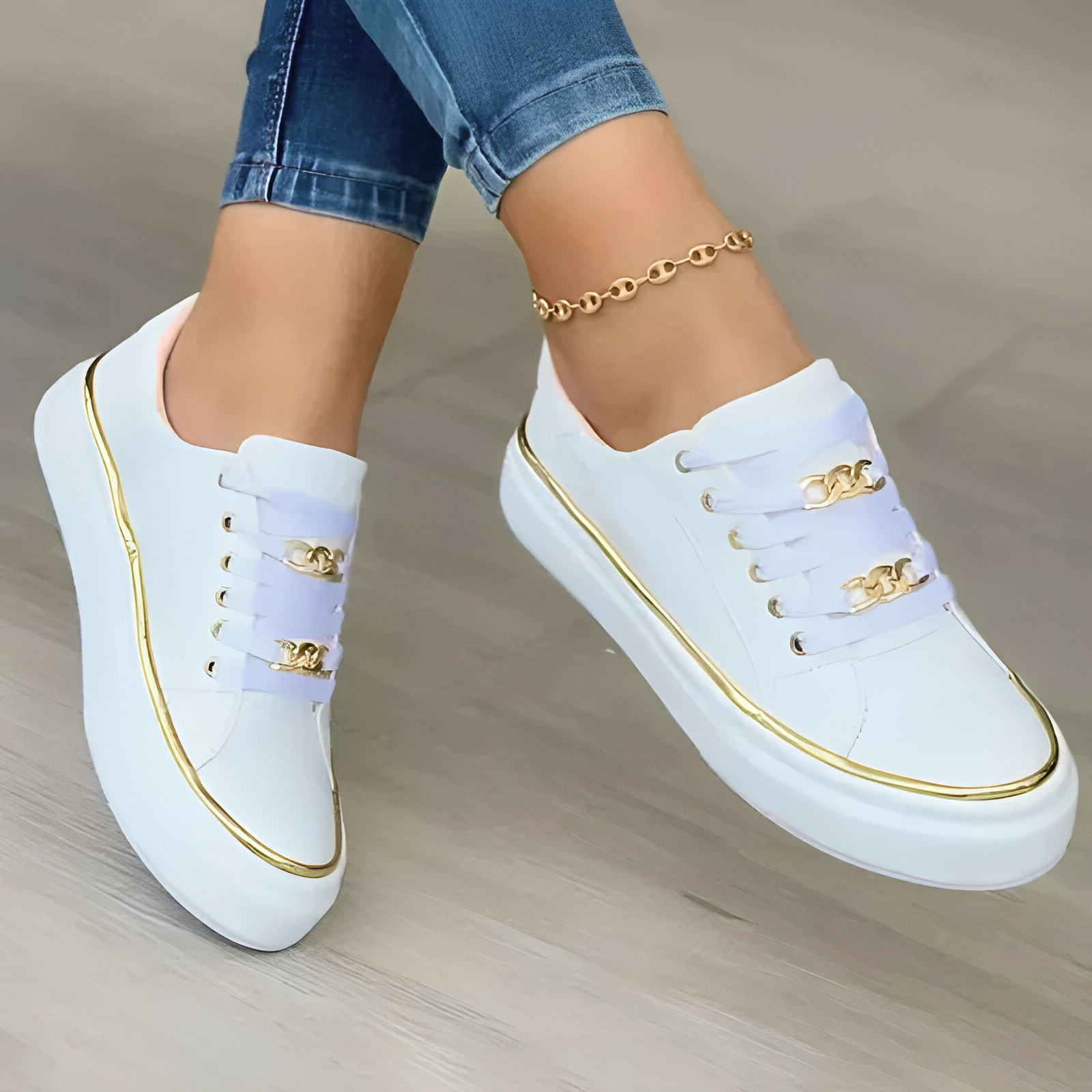 Delilah | Women’s Trendy Black Sneakers with Gold Chain Accents and All-Day Comfort