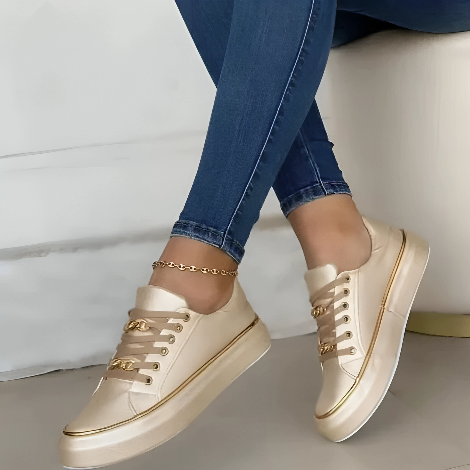 Delilah | Women’s Trendy Black Sneakers with Gold Chain Accents and All-Day Comfort