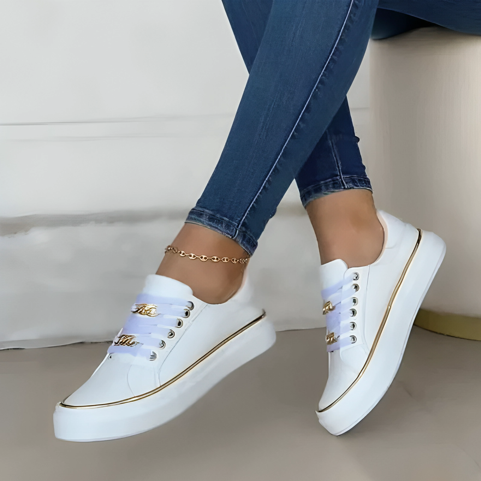 Delilah | Women’s Trendy Black Sneakers with Gold Chain Accents and All-Day Comfort