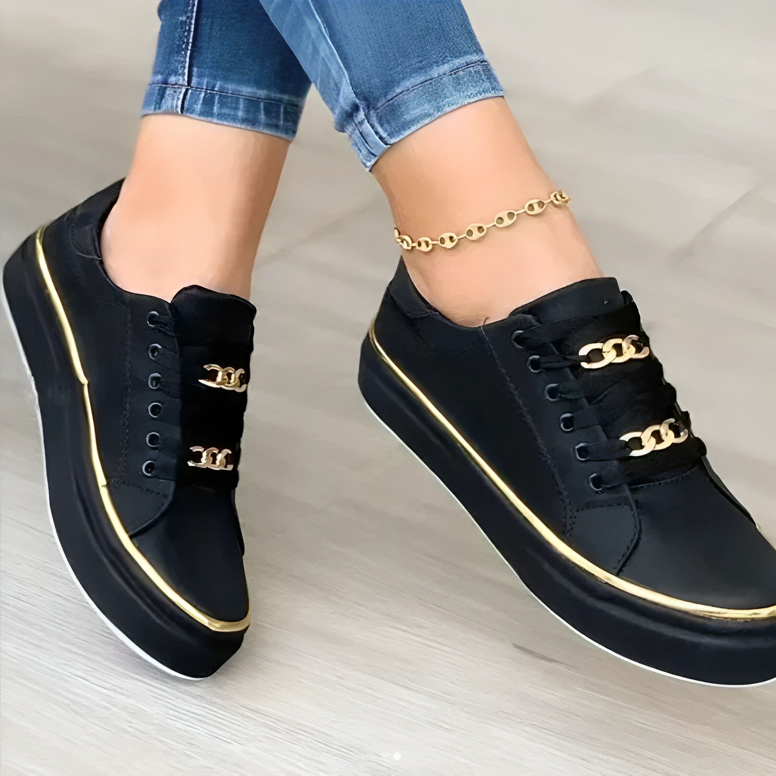 Delilah | Women’s Trendy Black Sneakers with Gold Chain Accents and All-Day Comfort