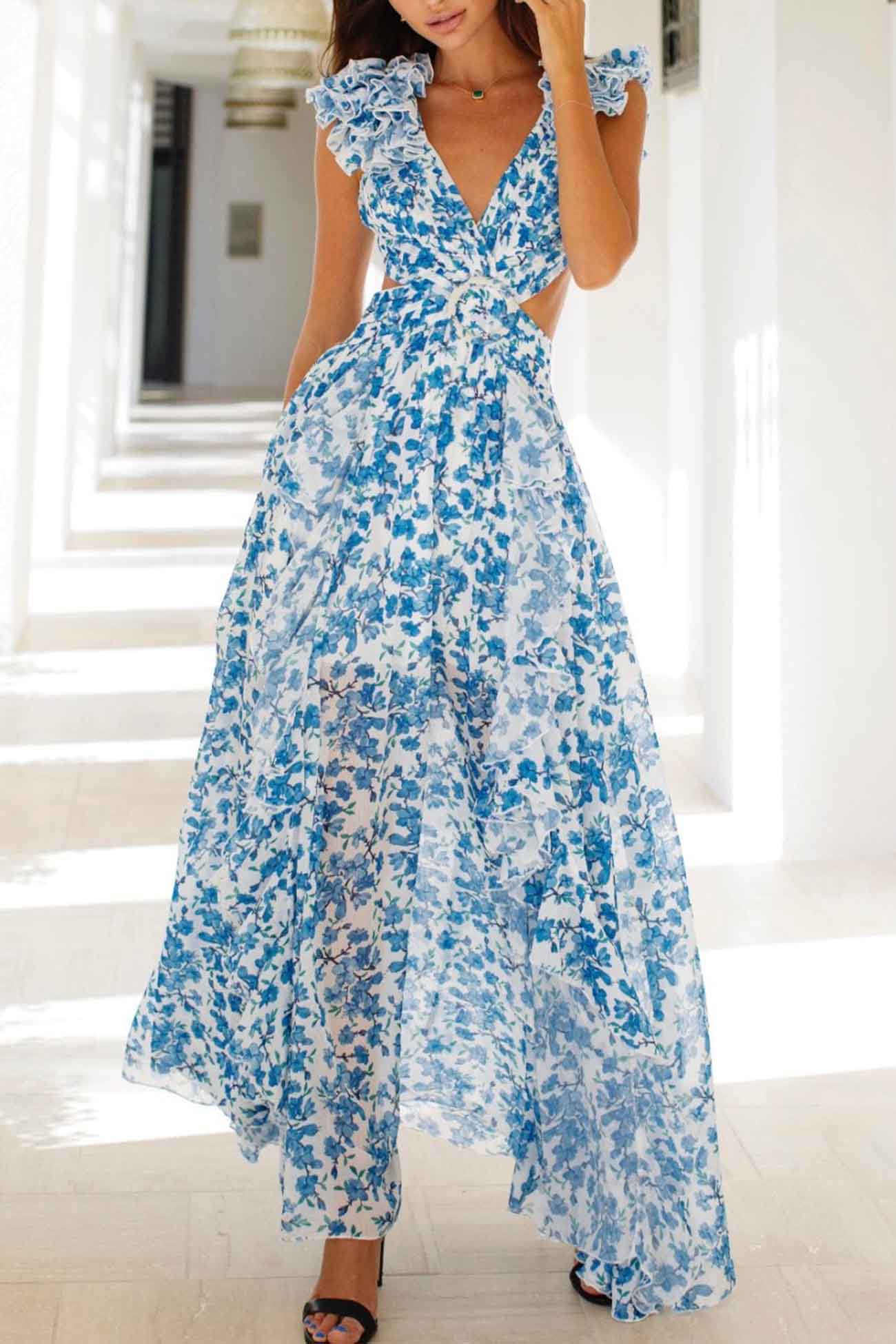 Alice | Women’s Maxi Dress with Deep V-Neck, Cut-Out Waist & High Slit Skirt