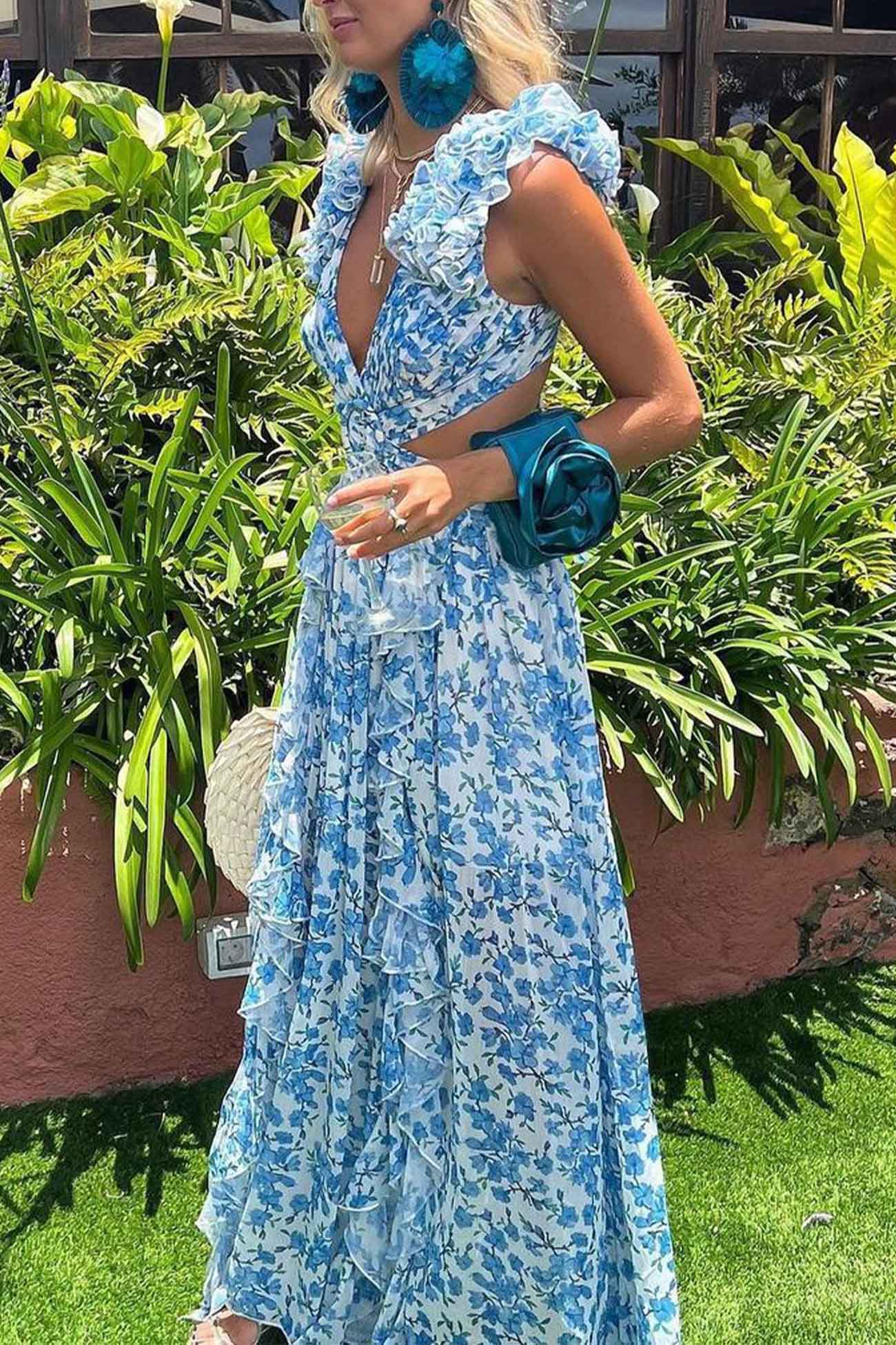 Alice | Women’s Maxi Dress with Deep V-Neck, Cut-Out Waist & High Slit Skirt