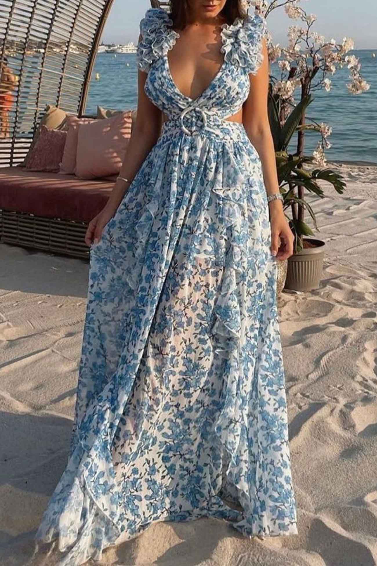 Alice | Women’s Maxi Dress with Deep V-Neck, Cut-Out Waist & High Slit Skirt
