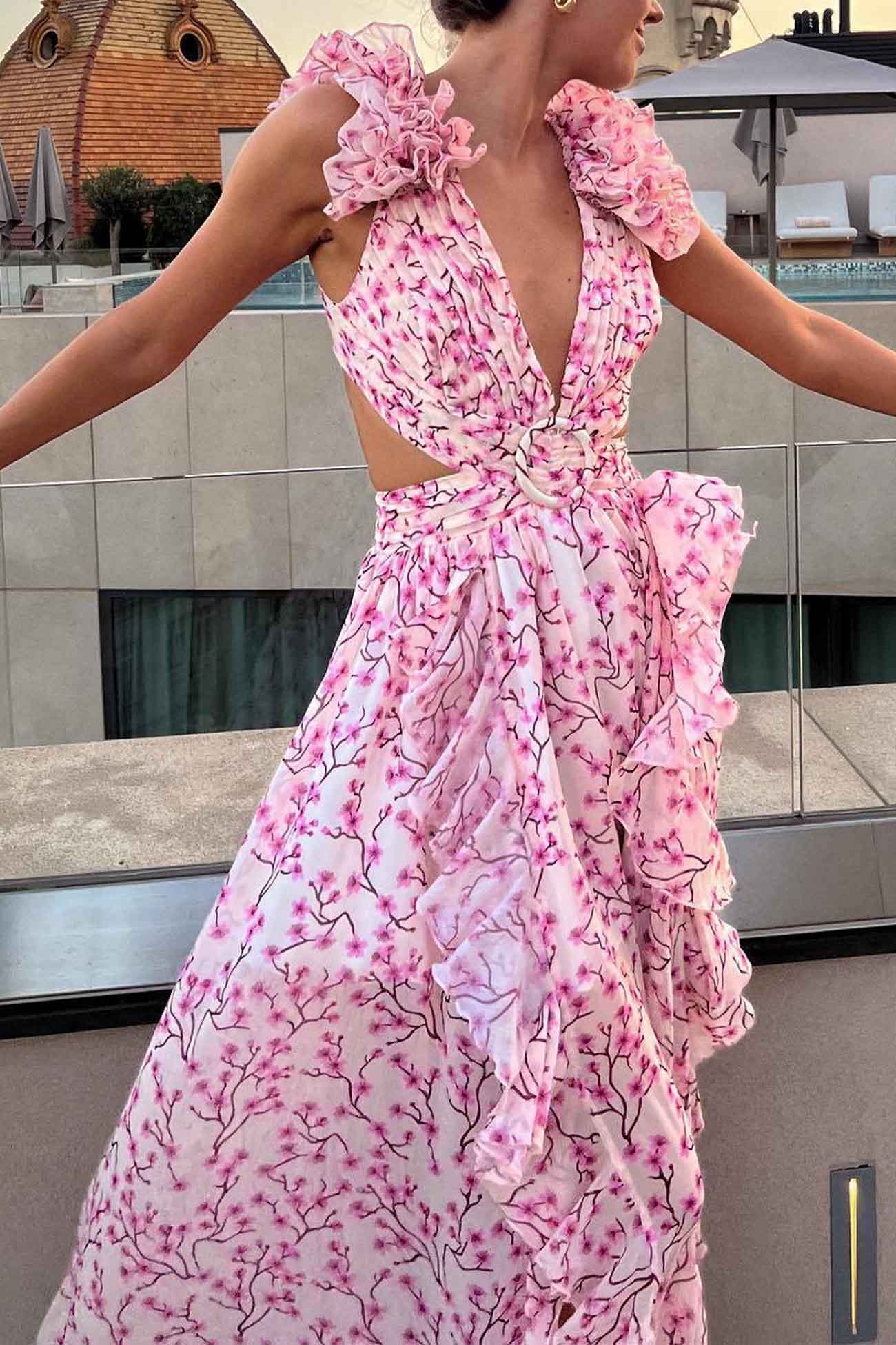 Alice | Women’s Maxi Dress with Deep V-Neck, Cut-Out Waist & High Slit Skirt