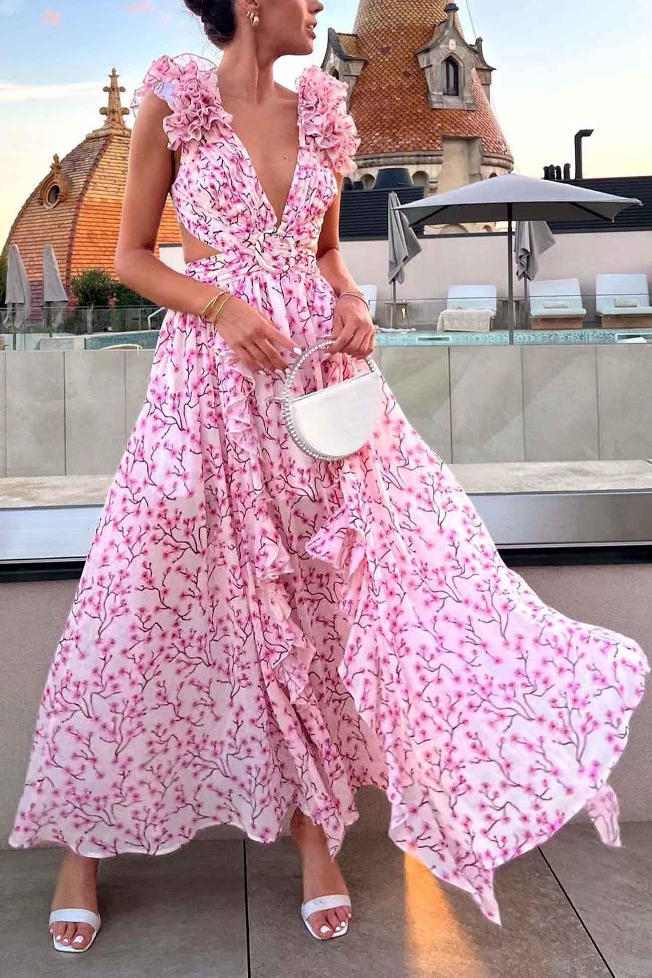 Alice | Women’s Maxi Dress with Deep V-Neck, Cut-Out Waist & High Slit Skirt