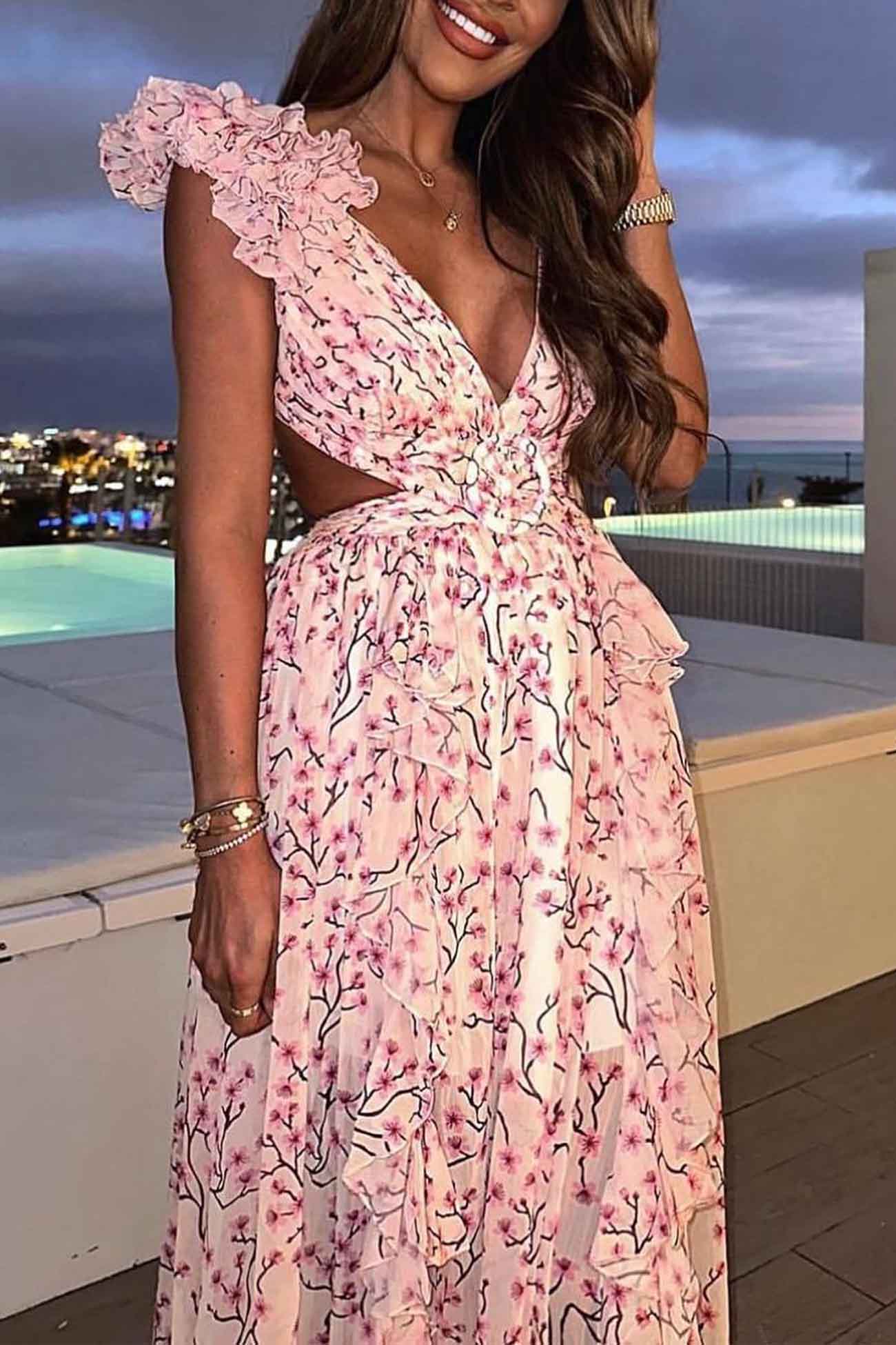 Alice | Women’s Maxi Dress with Deep V-Neck, Cut-Out Waist & High Slit Skirt
