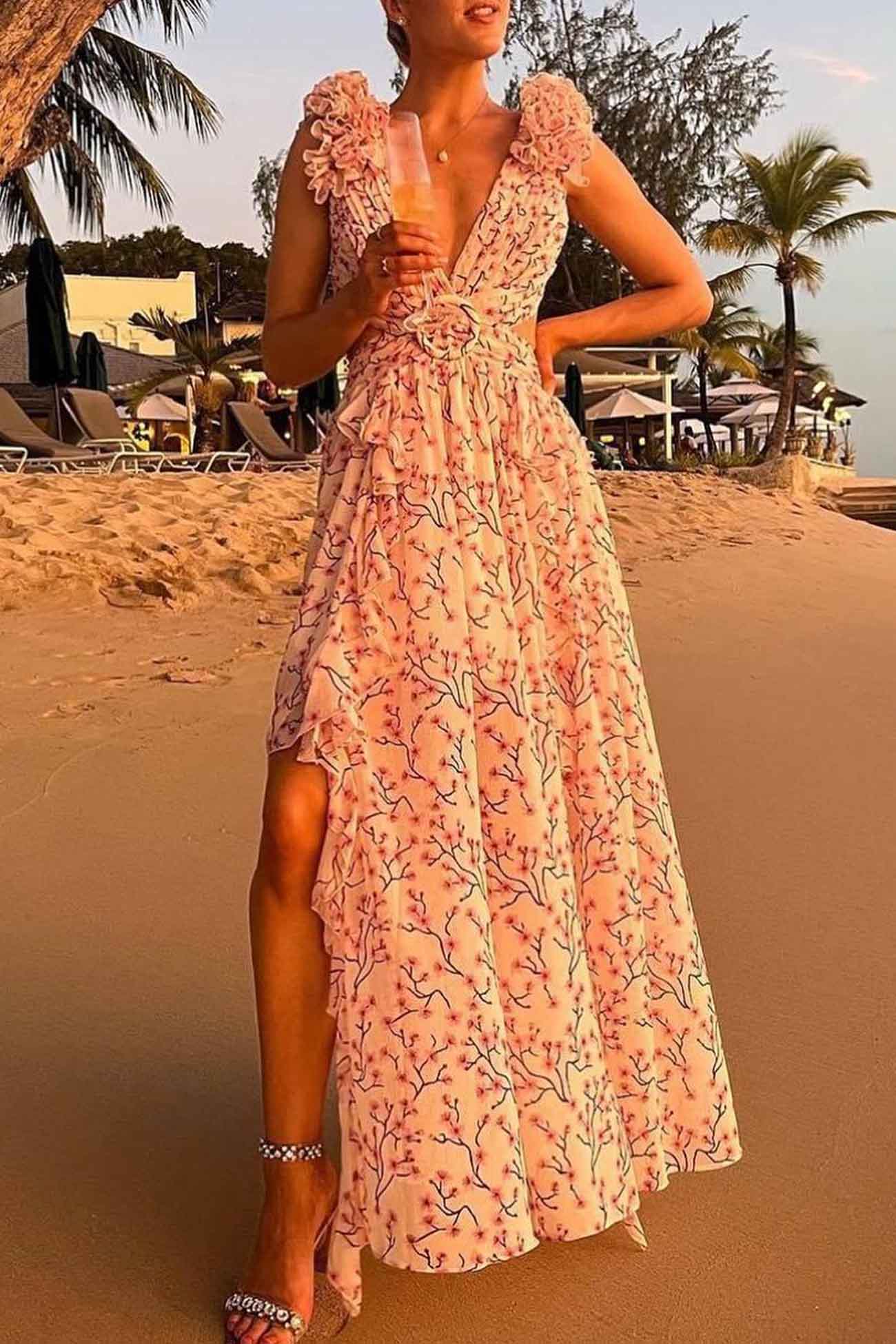 Alice | Women’s Maxi Dress with Deep V-Neck, Cut-Out Waist & High Slit Skirt