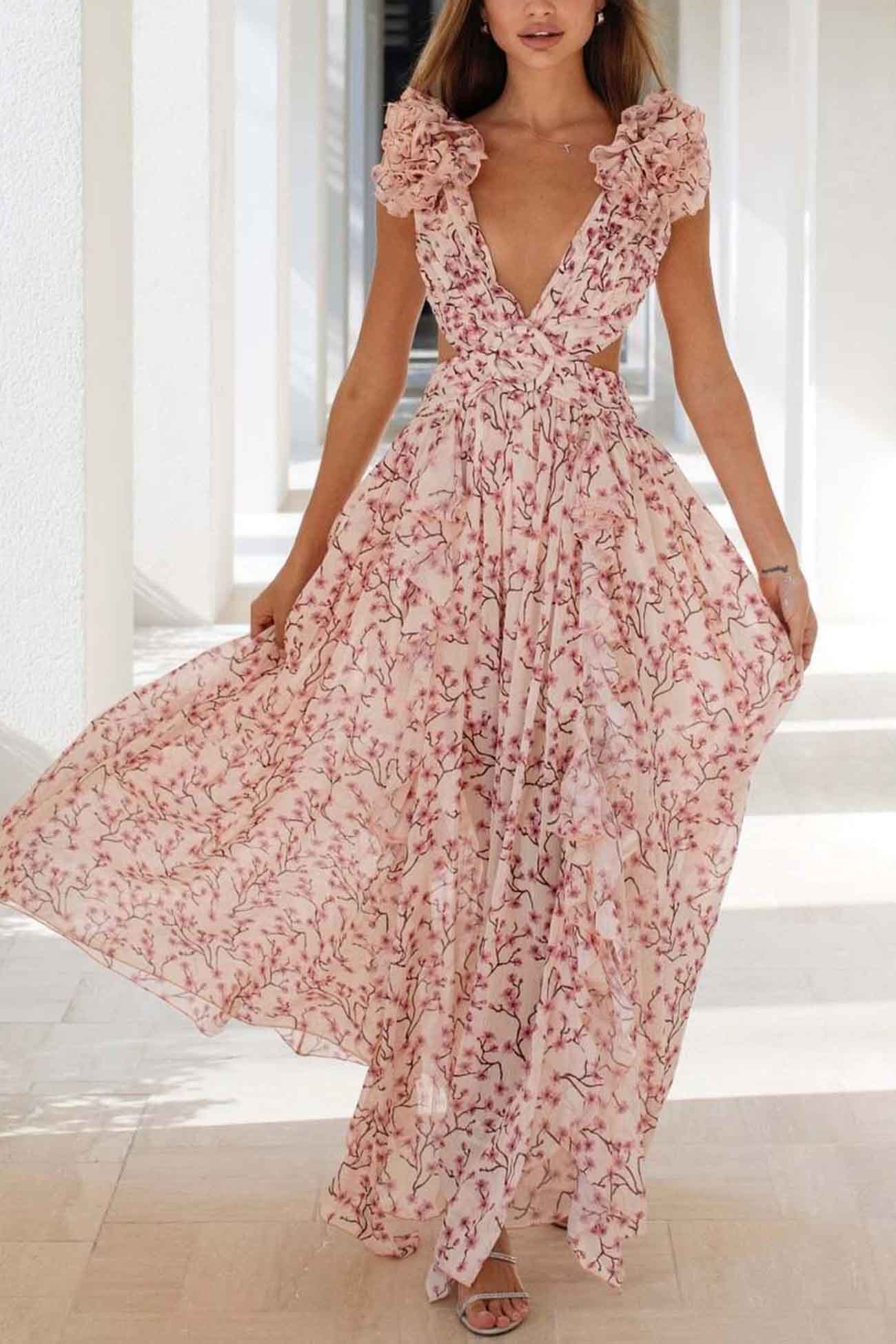 Alice | Women’s Maxi Dress with Deep V-Neck, Cut-Out Waist & High Slit Skirt
