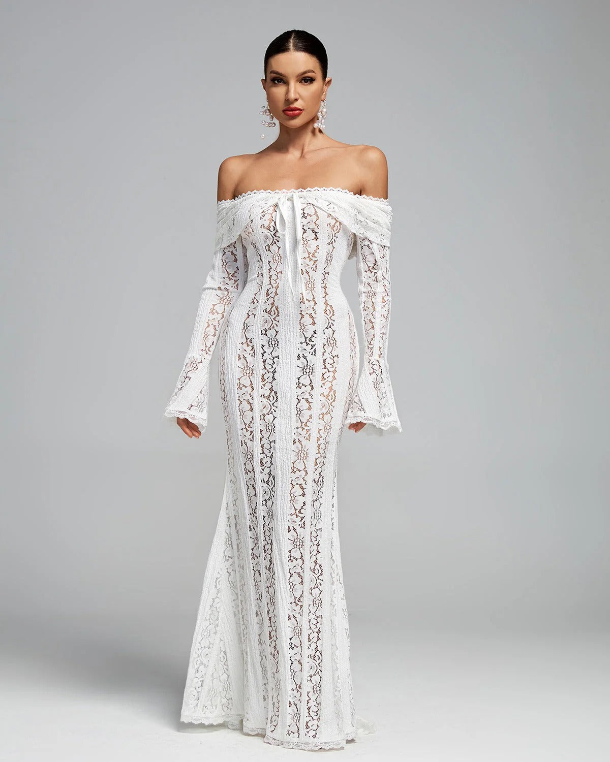 Naomi | Women’s Bell-Sleeve Ivory Lace Off-Shoulder Maxi Dress