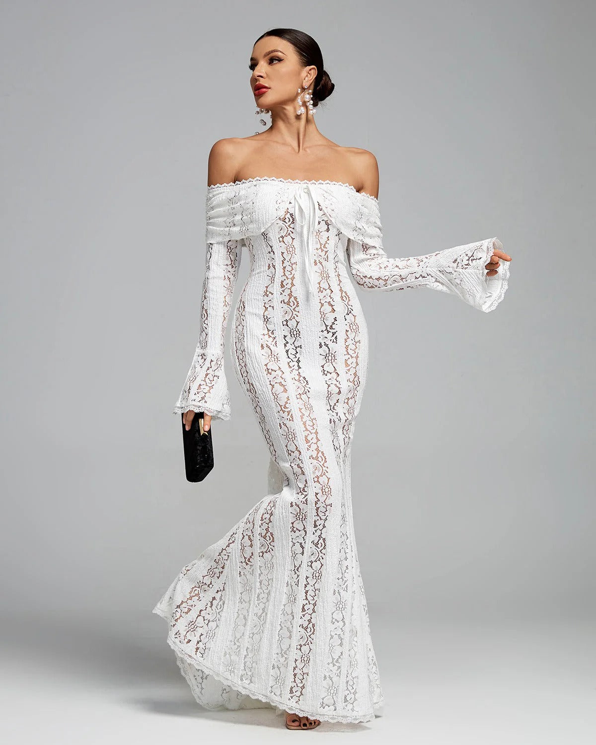 Naomi | Women’s Bell-Sleeve Ivory Lace Off-Shoulder Maxi Dress