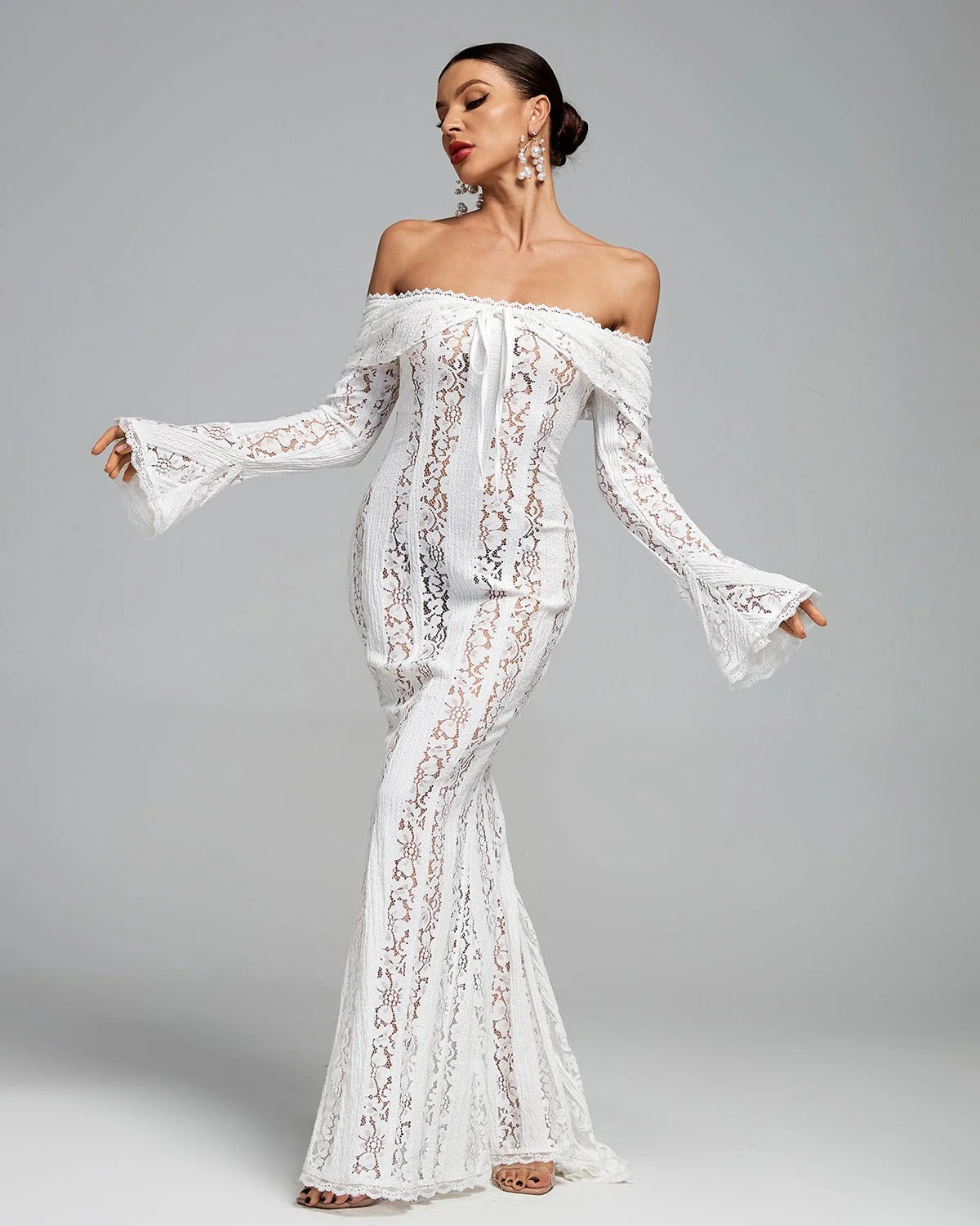 Naomi | Women’s Bell-Sleeve Ivory Lace Off-Shoulder Maxi Dress