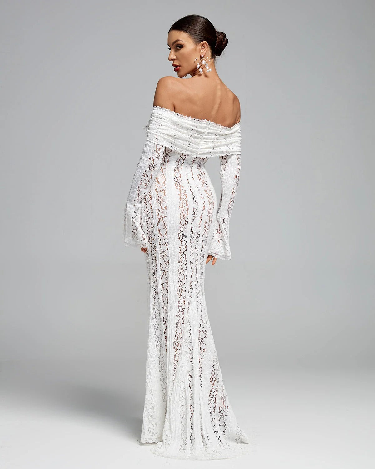 Naomi | Women’s Bell-Sleeve Ivory Lace Off-Shoulder Maxi Dress