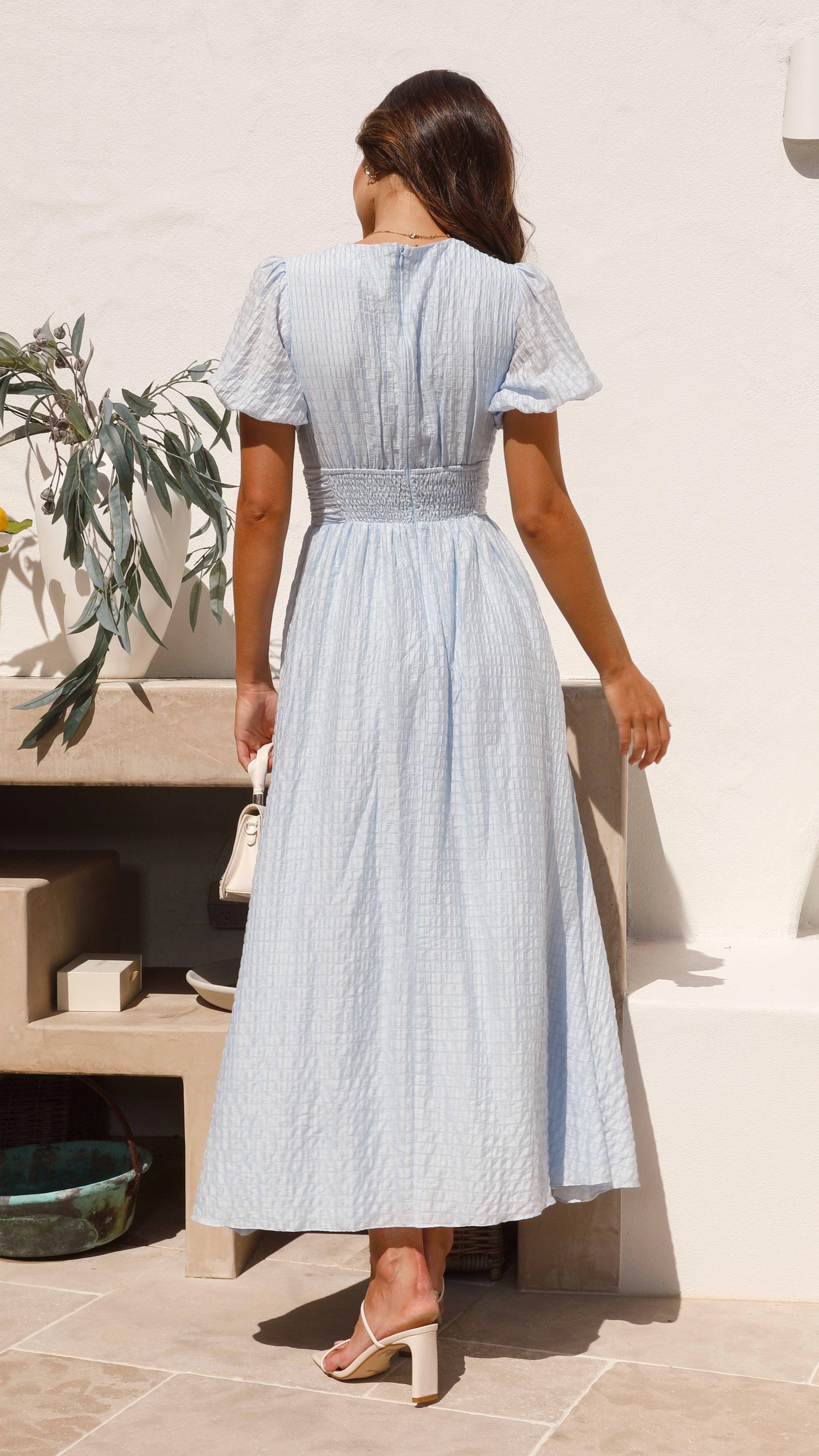 Margot | Women’s Checked V-Neck Maxi Dress with Puff Sleeves and Button-Down Front