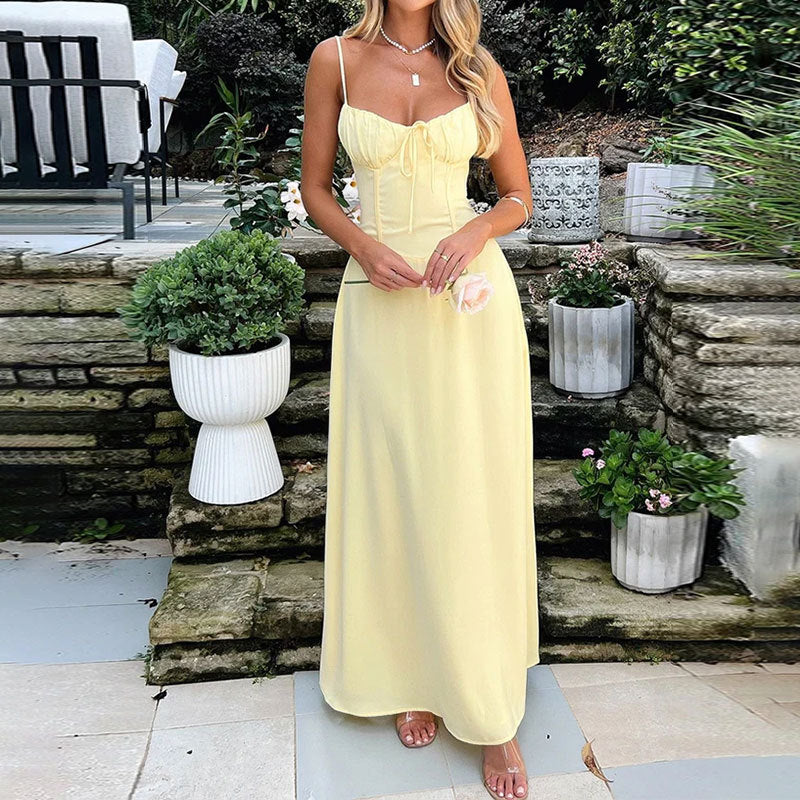 Scarlett | Women’s A-Line Satin Feel Maxi Dress with Ruched Bodice and Strappy Detail