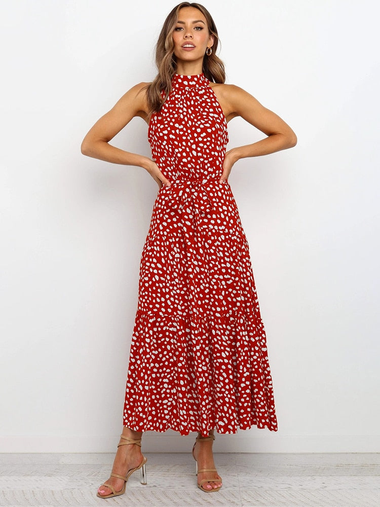 Margarette | Women’s Halter Midi Dress with Polka Dot Print and Waist Tie