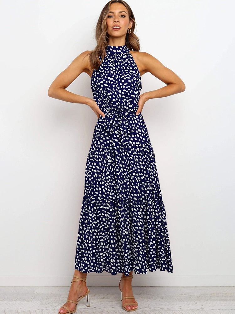 Margarette | Women’s Halter Midi Dress with Polka Dot Print and Waist Tie