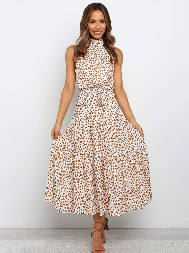 Margarette | Women’s Halter Midi Dress with Polka Dot Print and Waist Tie