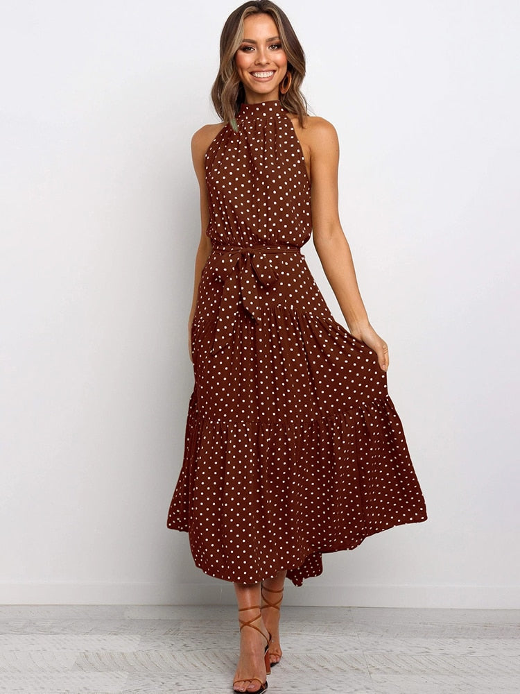 Margarette | Women’s Halter Midi Dress with Polka Dot Print and Waist Tie