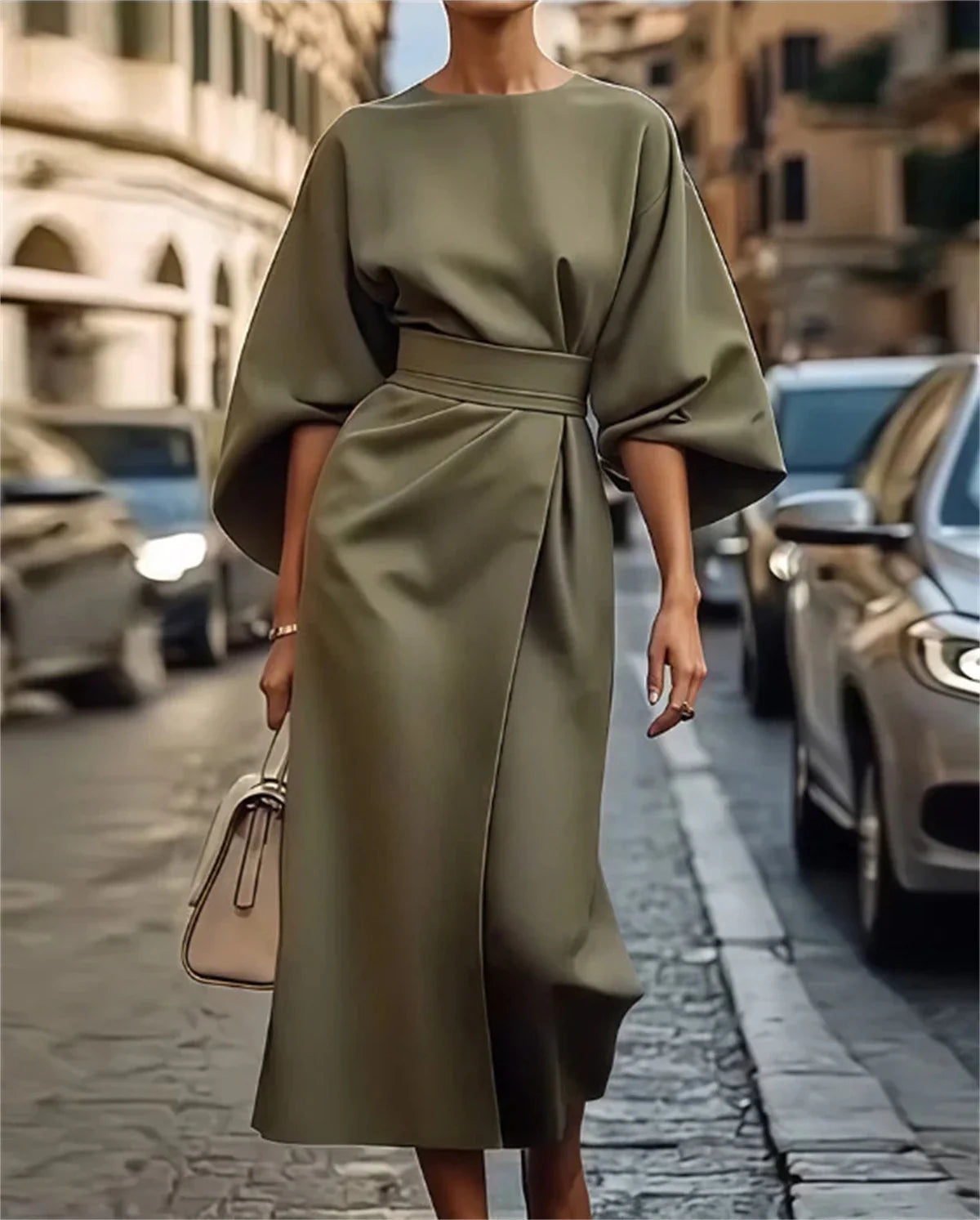 Elsie | Women’s Elegant Midi Dress with Belted Waist, Bell Sleeves, and A-Line Fit