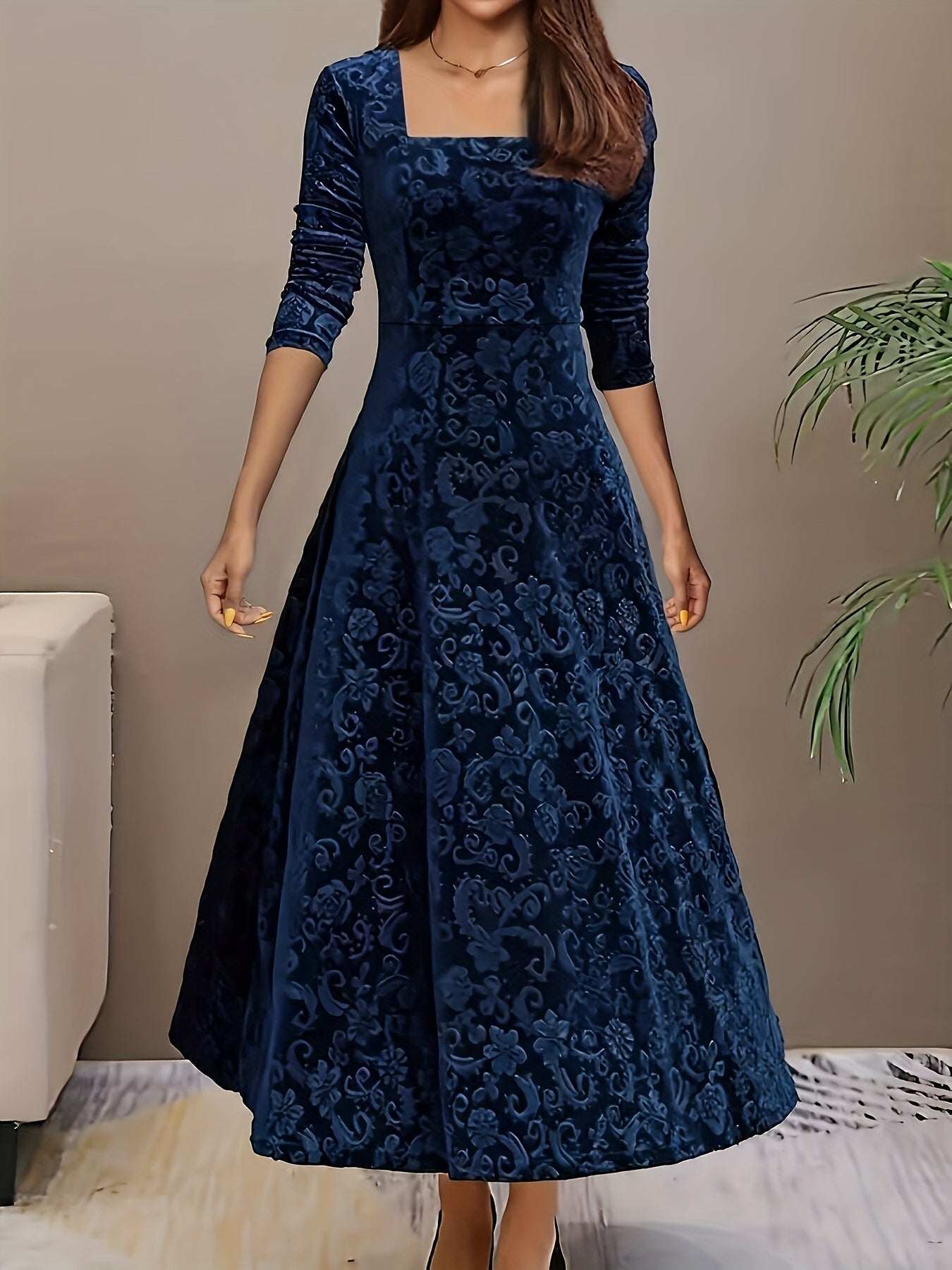 Ophelia | Women’s Floral Velvet Midi Dress with Square Neck & Elegant Long Sleeves