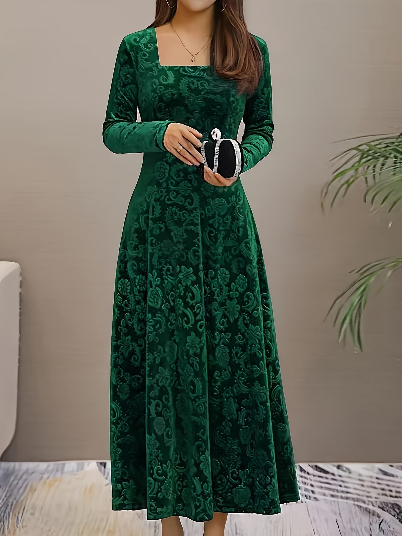 Ophelia | Women’s Floral Velvet Midi Dress with Square Neck & Elegant Long Sleeves