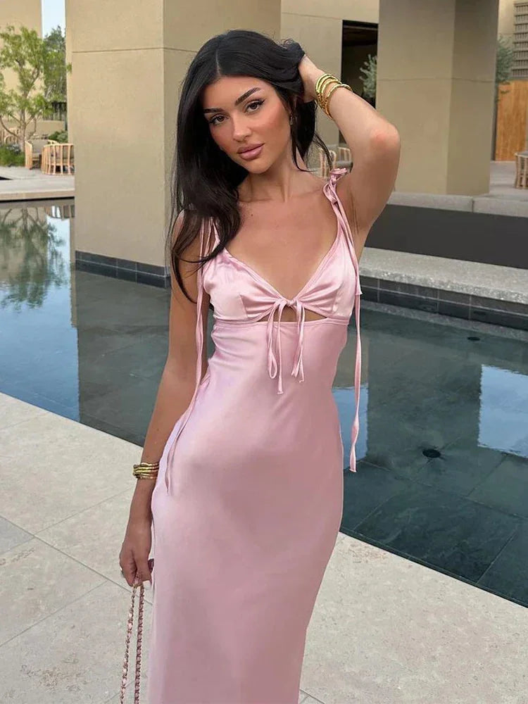 Serena | Women’s Soft Pink Satin Maxi Dress with Adjustable Straps