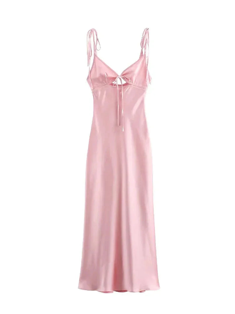 Serena | Women’s Soft Pink Satin Maxi Dress with Adjustable Straps