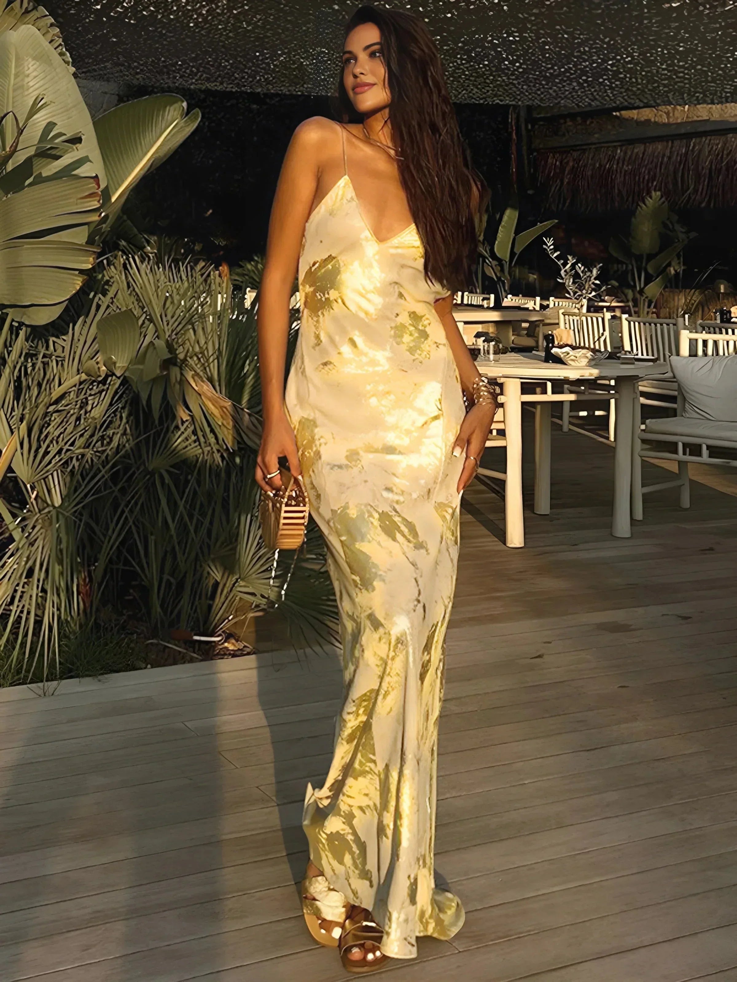 Carla | Women’s Gold Foil Satin Maxi Dress with Straps