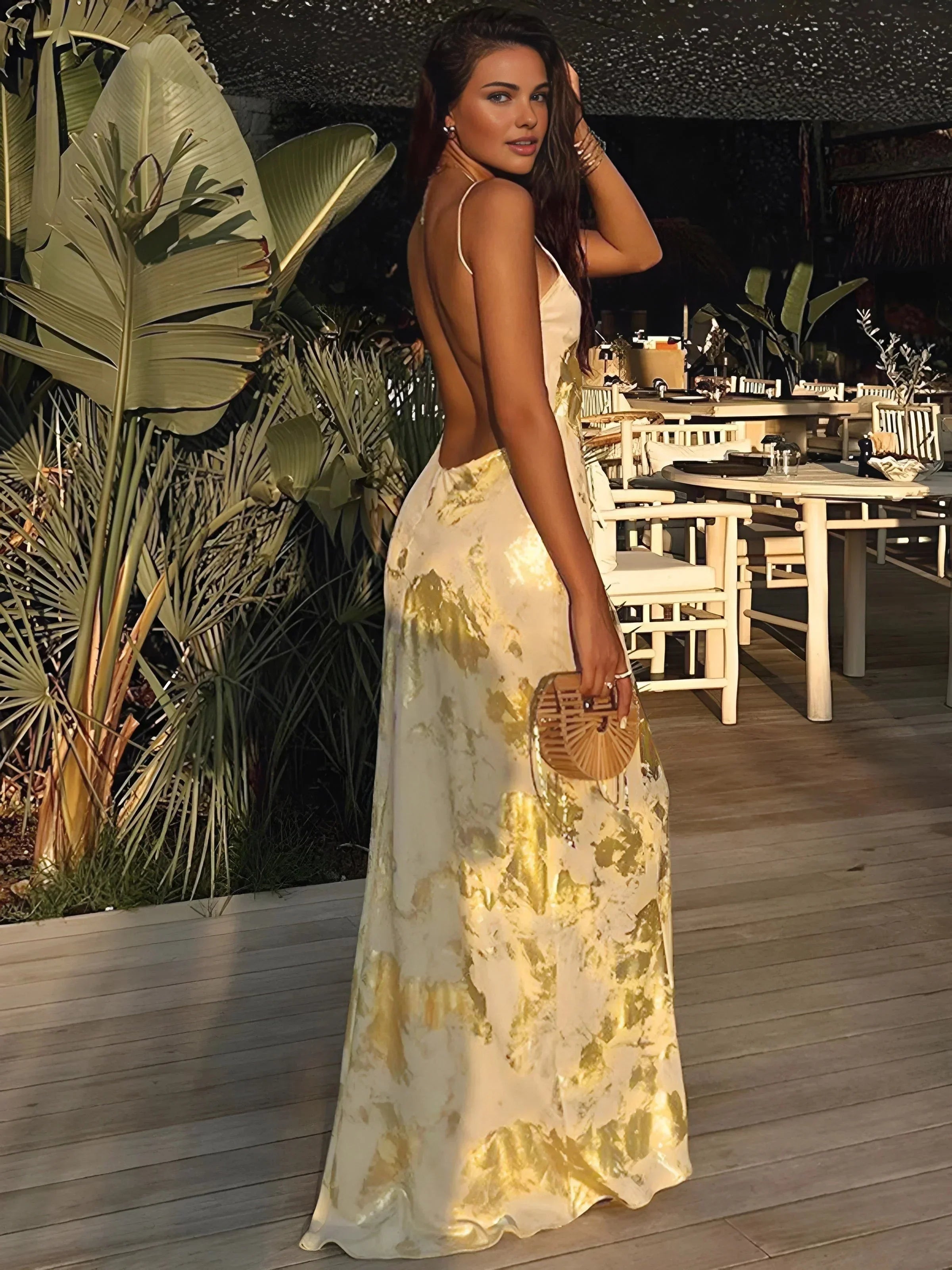 Carla | Women’s Gold Foil Satin Maxi Dress with Straps
