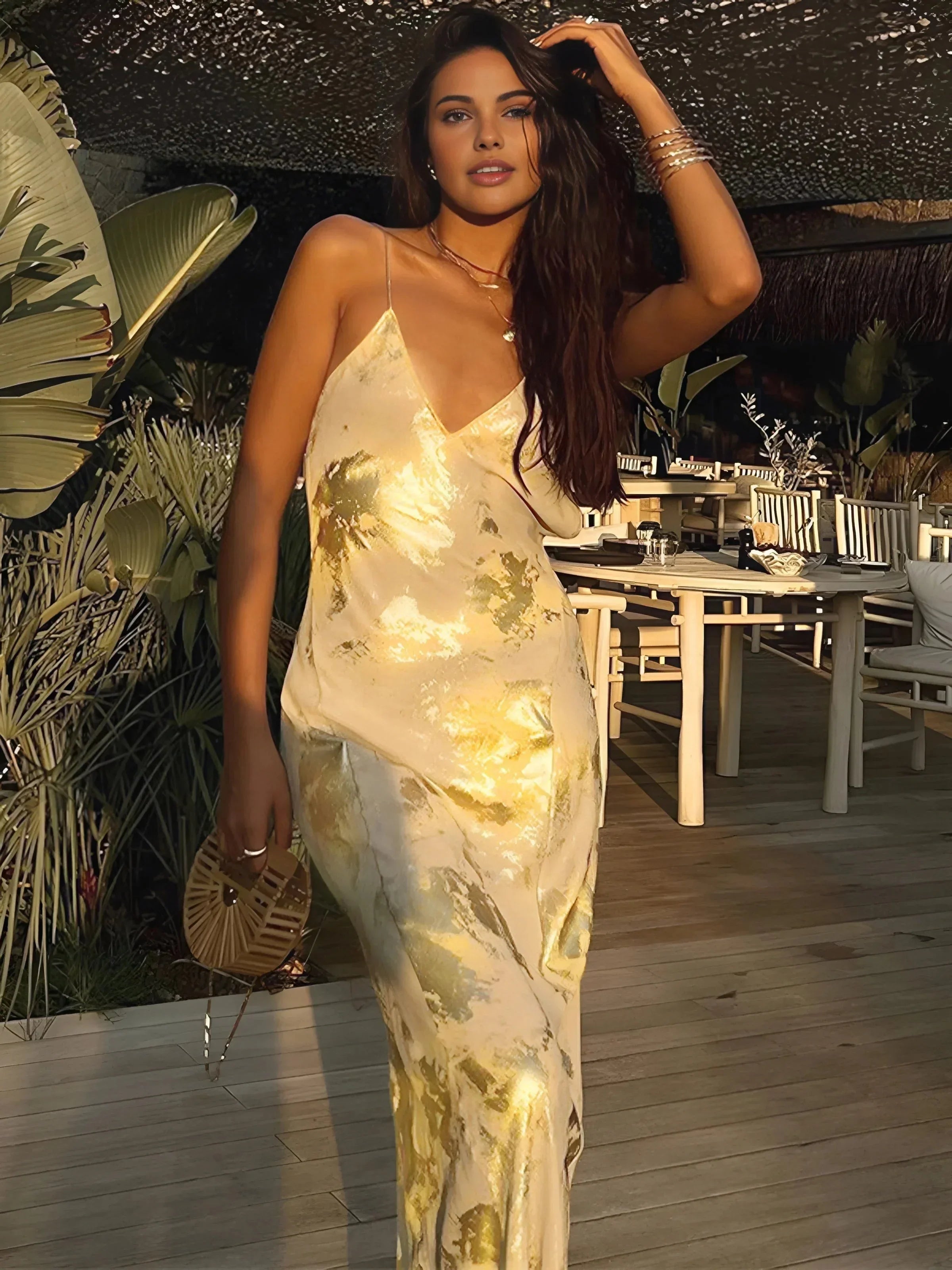 Carla | Women’s Gold Foil Satin Maxi Dress with Straps