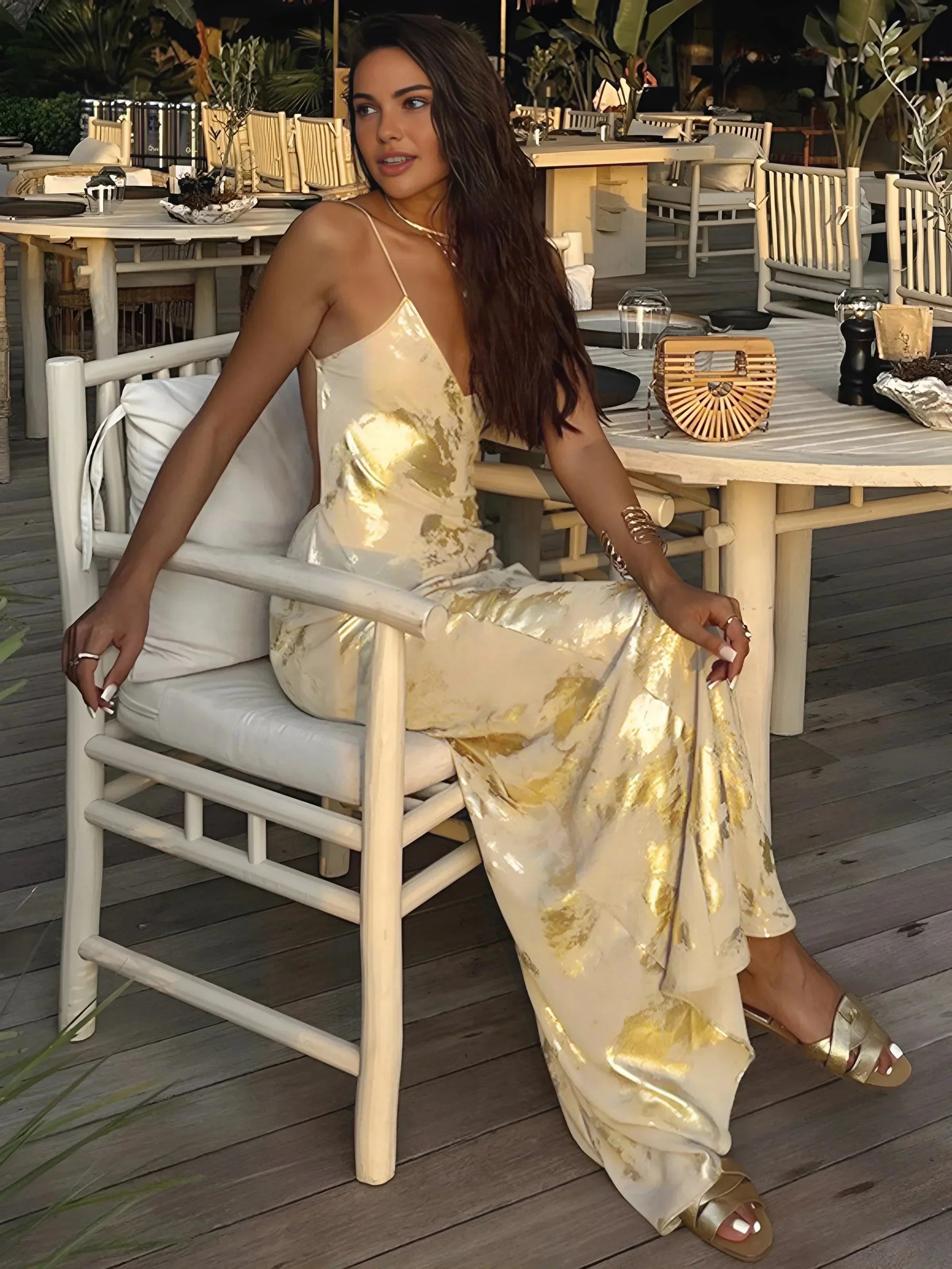 Carla | Women’s Gold Foil Satin Maxi Dress with Straps