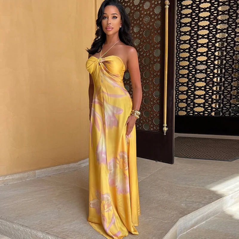 Maureen | Women’s Strapless Yellow Floral Maxi Dress