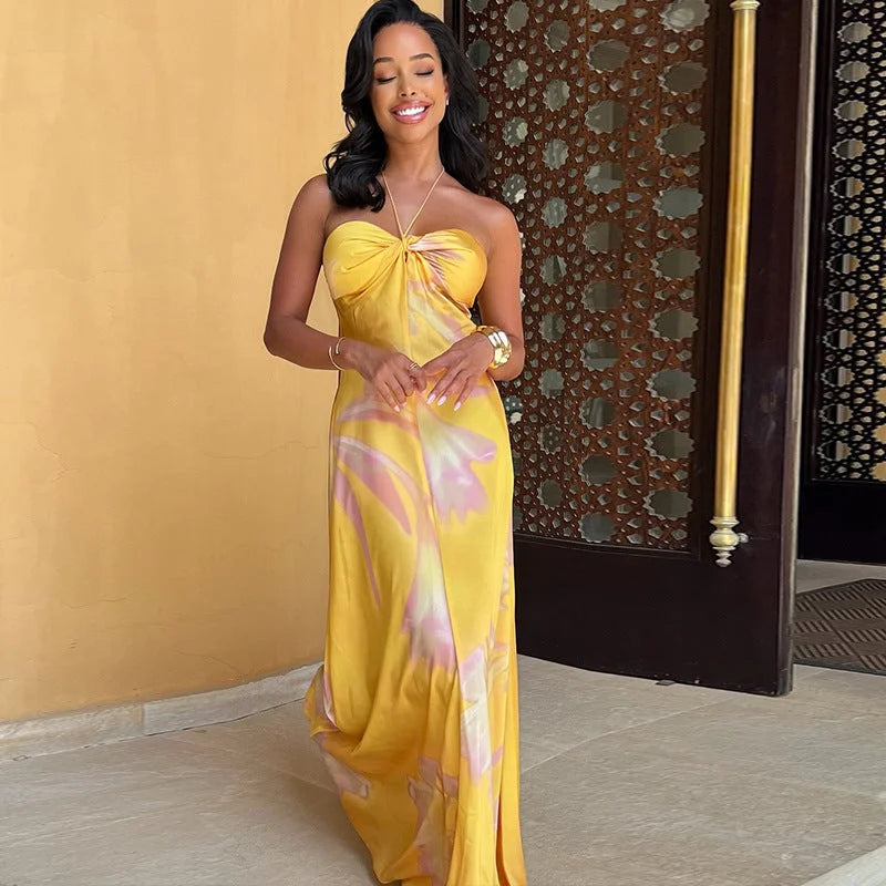 Maureen | Women’s Strapless Yellow Floral Maxi Dress