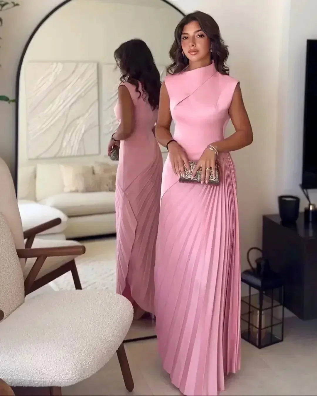 Juliana | Women’s Sleek Pink Pleated Maxi Dress