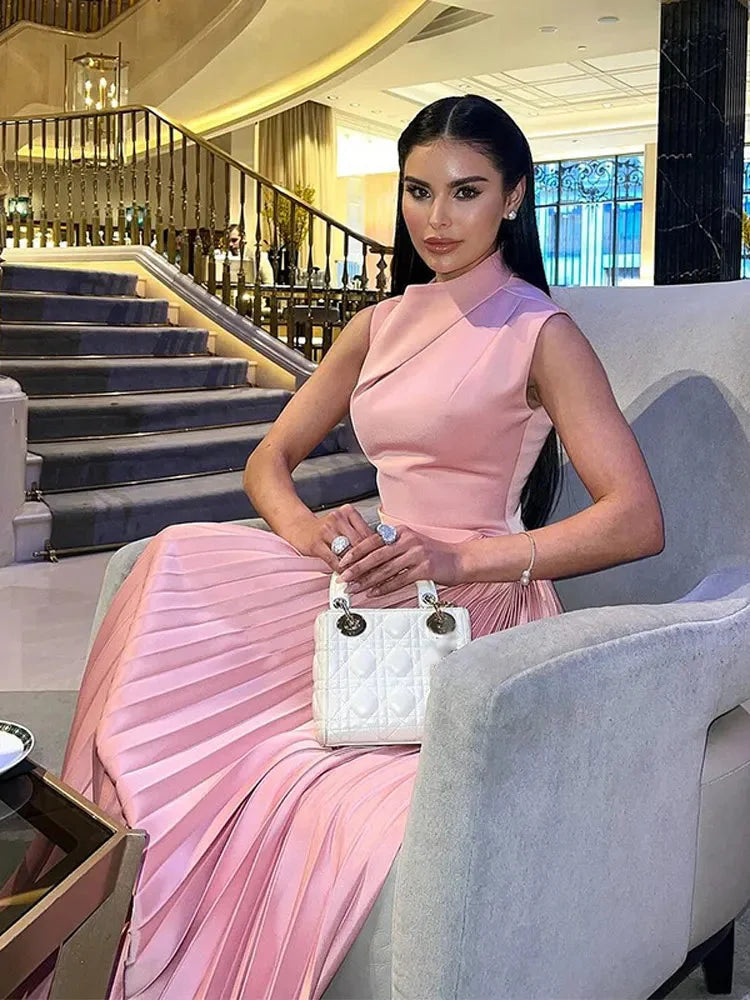 Juliana | Women’s Sleek Pink Pleated Maxi Dress