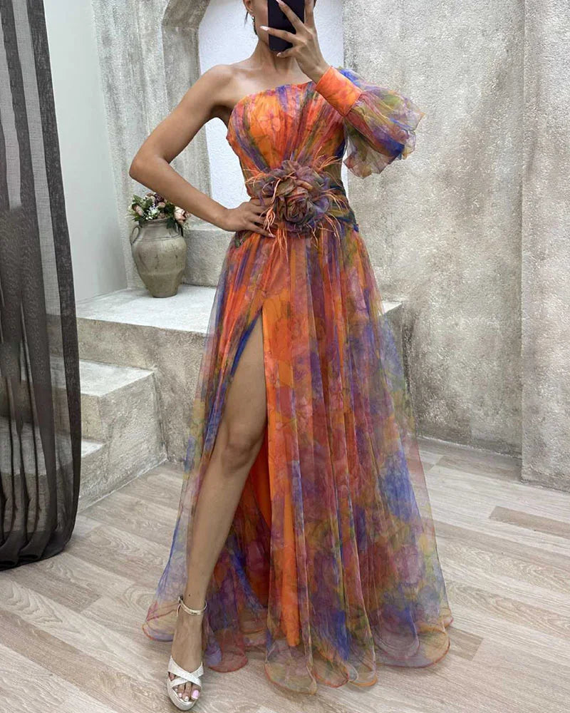 Ariella | Women’s One-Shoulder Evening Gown with Asymmetrical Sleeves