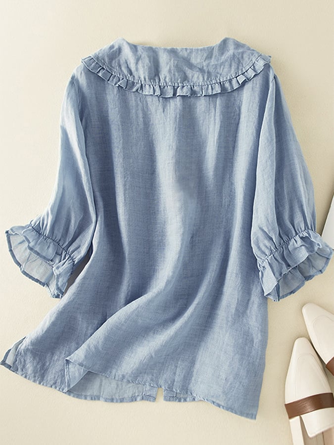 Margot | Women’s Cotton Linen Shirt with Peter Pan Ruffle Neck and Loose Fit