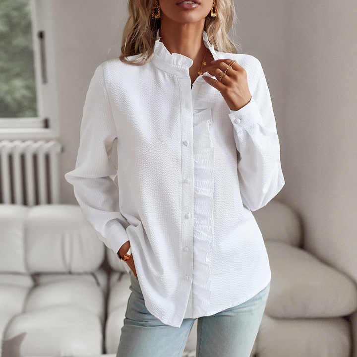 Jessica | Women’s Elegant Polo Blouse with Ruffle Trim and Classic Collar