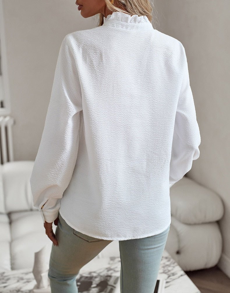 Jessica | Women’s Elegant Polo Blouse with Ruffle Trim and Classic Collar