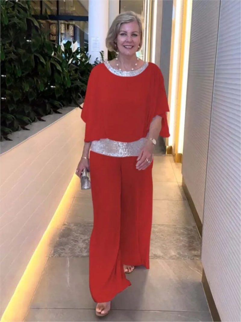 Amara | Women’s Elegant Chiffon Blouse & Wide-Leg Trousers Set with Sequin Detail