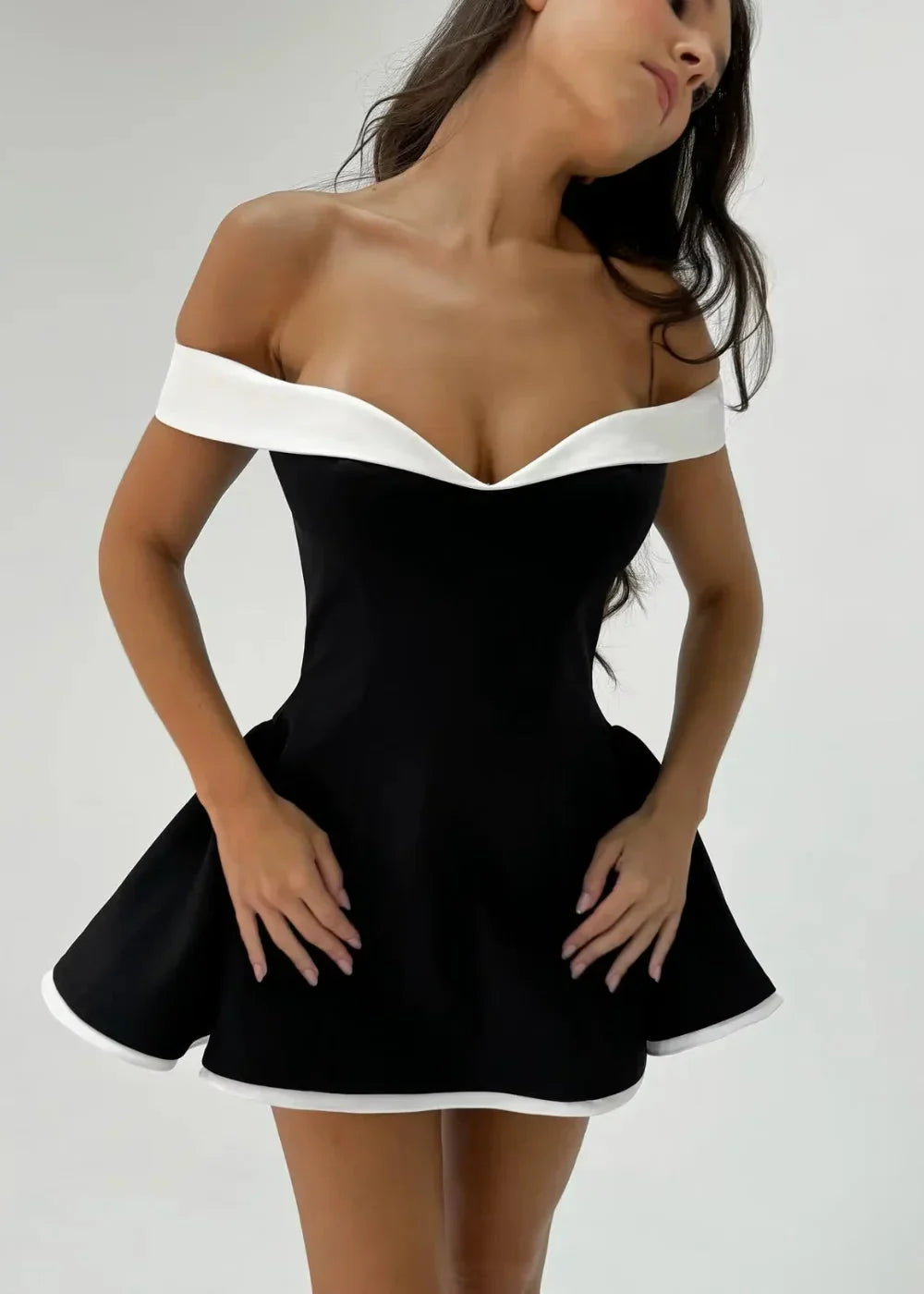 Celine | Women’s Black Off-Shoulder Mini Dress White Trim Flared Skirt