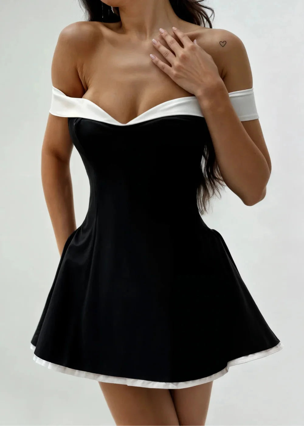 Celine | Women’s Black Off-Shoulder Mini Dress White Trim Flared Skirt